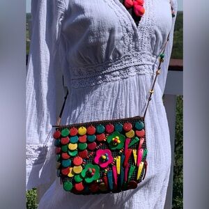 Multicolor Wooden Beaded Sling Crossbody Bag‎